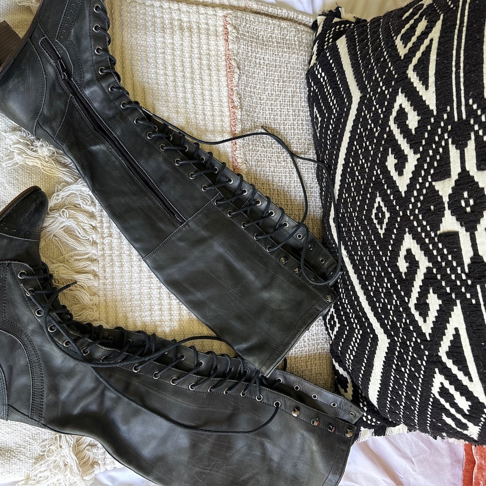 Joe by Jeffrey Campbell for Free People Black Lace-Up Leather Knee-High Boots